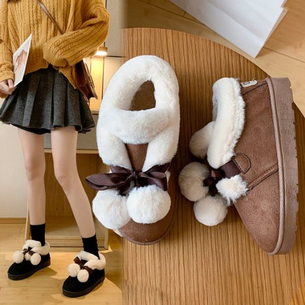 

hair ball snow boots female short tube nice autumn and winter new cute flat shoes plus velvet thick short boots cotton shoes, Black