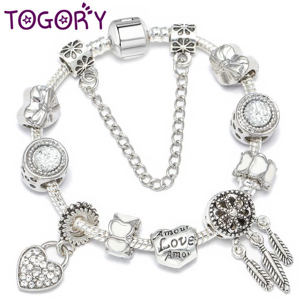 

togory silver color heart & feather pendant charm bracelets & bangles with love beads bracelets for women fashion jewelry, Golden;silver