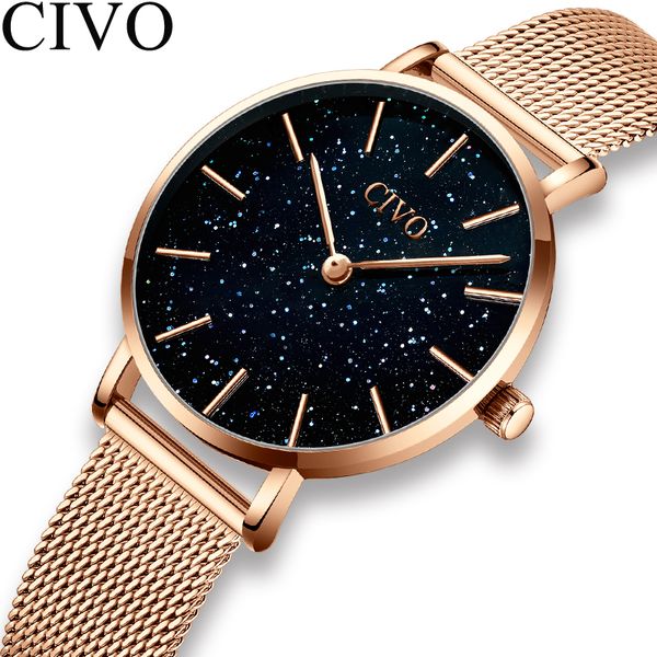 

civo fashion blue starry sky watch women steel mesh strap quartz wristwatch waterproof luxury ladies watches clock montre femme, Slivery;brown