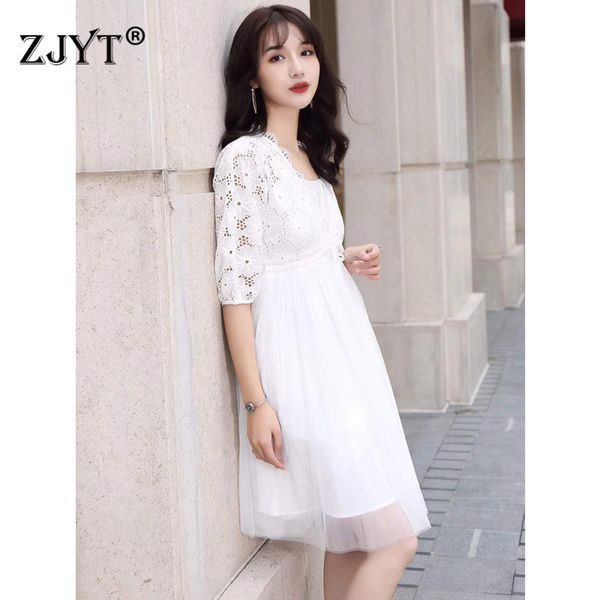

new arrival spring summer dresses for women elegant designer half sleeve hollow out empire casual tulle dress female vestidos, Black;gray