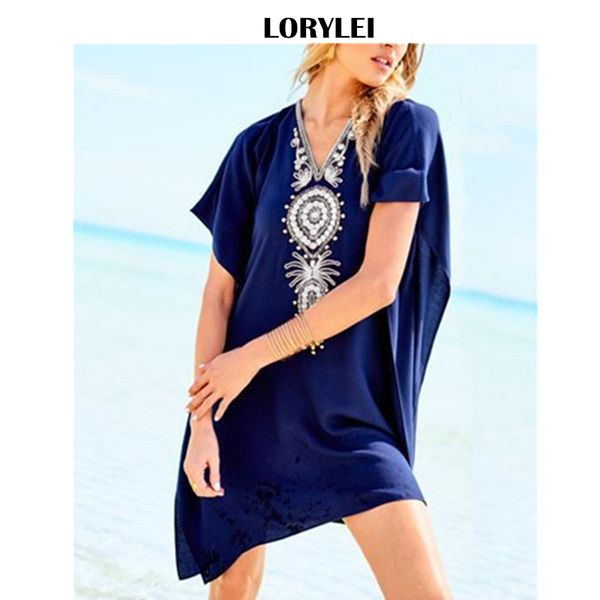 

embroidery caftan beach tunic cotton beach cover up saida de praia swimsuit women bikini cover up pareo sarong beachwear n829, Blue;gray