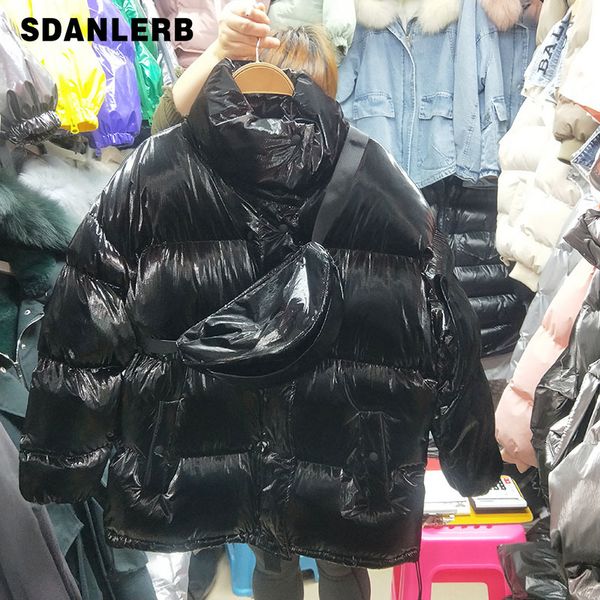 

2019 winter warm coat women winter jacket new loose-fit stand-collar bf lazy wind glossy coat women's warm parka padded with bag, Black