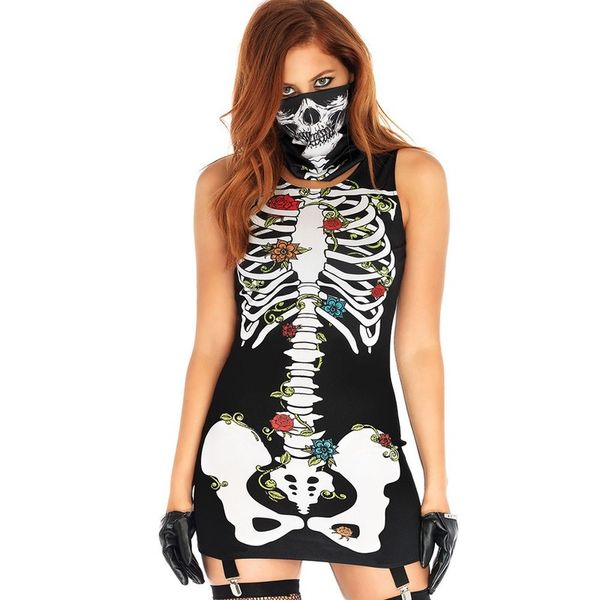 

women's dress halloween dress up costume short mask skull print, Black;gray