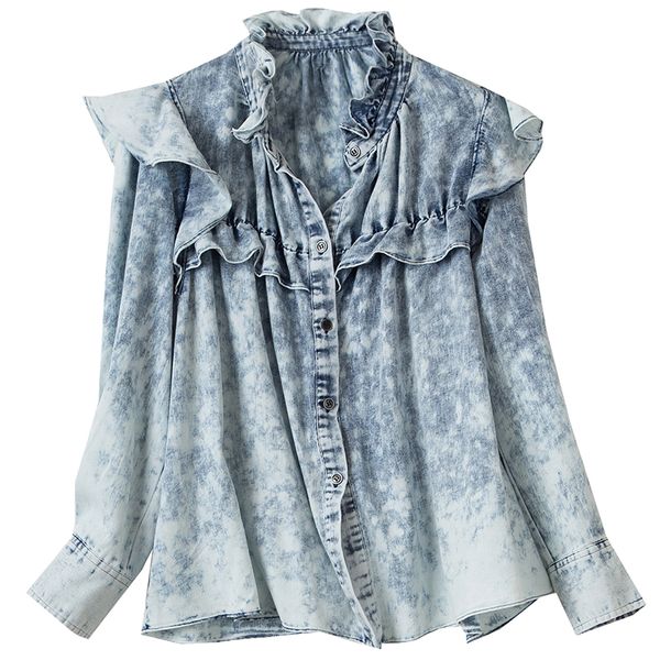 

elfstyle] - женский топ выцветший серый выстиранный деним синяя рубашка с оборками воротник взъерошенные плечи спереди пуговицы вверх модны, White