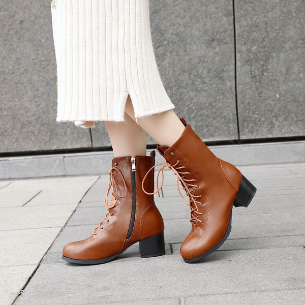 

2019 autumn winter block heel womens boots ankle lace up black brown faux leather knight motorcycle boots gothic shoes
