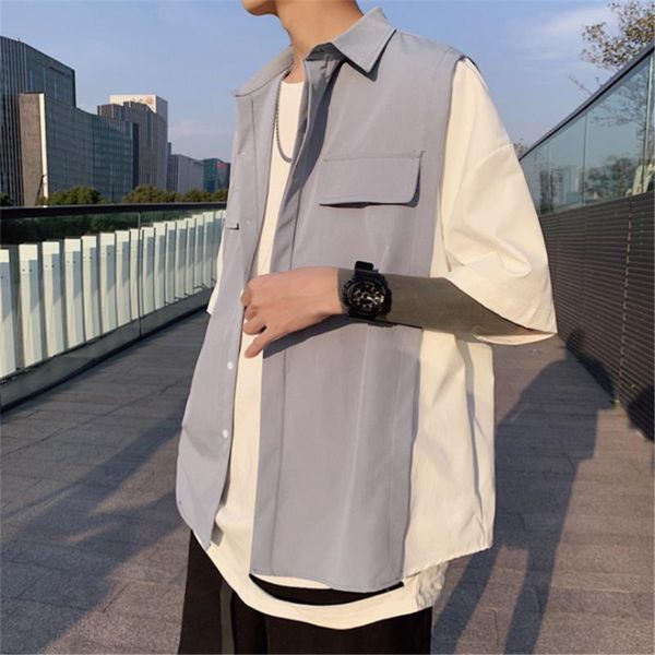 

men's casual shirts fashion korean style summer hip hop short sleeve pocket for male outwear man highstreet cool clothing, White;black