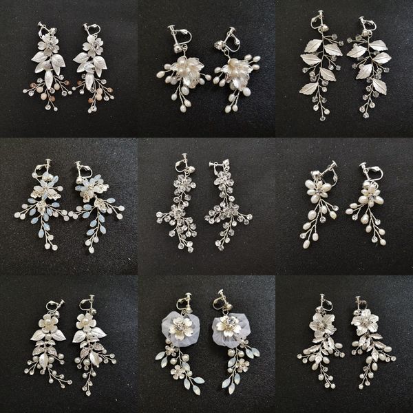 

slbridal handmade rhinestones crystals pearls clip on/ear pin wedding dangle earrings bridal chandelier earrings women jewelry, Silver