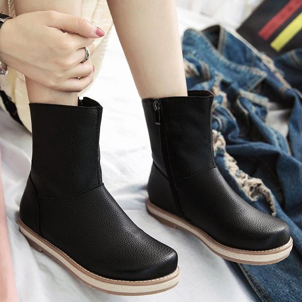 

autumn and winter women's shoes solid color round head zipper booties warm non-slip boots shoe for ladies chaussures femme, Black