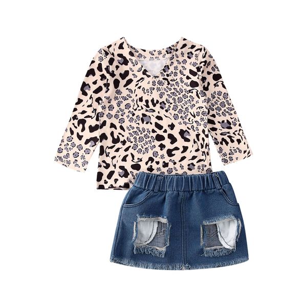 

1-5y toddler baby kid girls clothes sets long sleeve leopard t-shirts+ripped denim skirt outfits summer, White