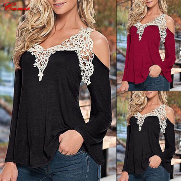 

womens and blouses off shouldre fashion loose casual long sleeve lace o neck blouse ruffle t shirt, White