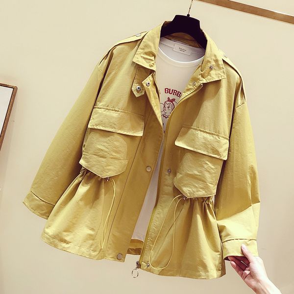 

women's jackets girls mid-long drawstring elastic waist candy colors orange yellow zipper jacket with pockets turtleneck loose casual c, Black;brown