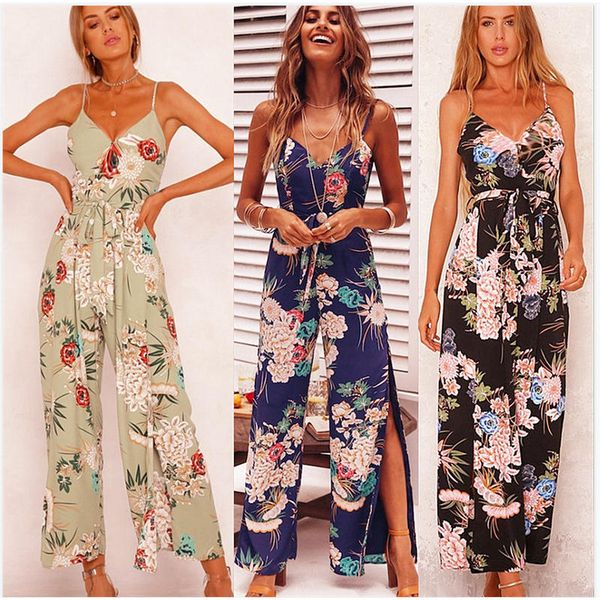 

women's floral printed summer leg split long rompers loose v neck sling jumpsuit, Black;white