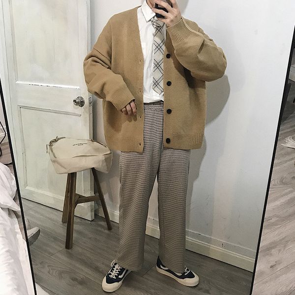 

2018 new exquisite korean version of the loose couple models men's cardigan sweater gray / khaki / sky blue size -xl v191022, White;black