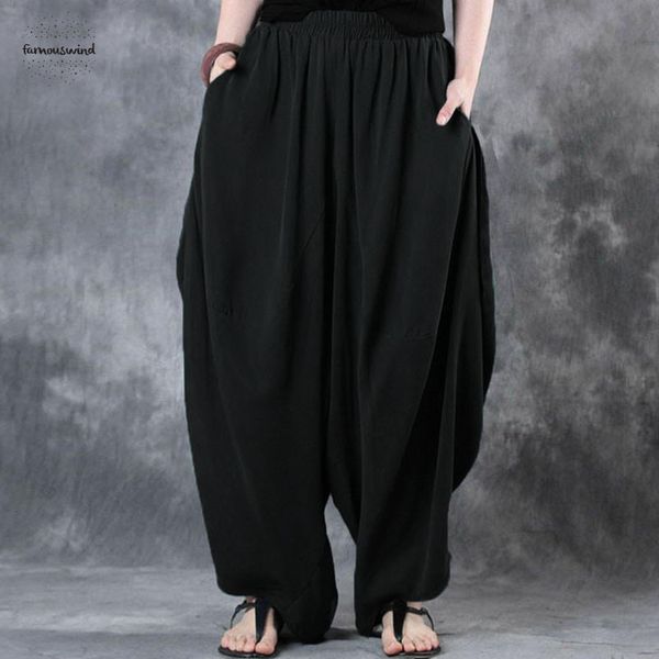 

zanzea woman trousers cotton pants wide leg pants elastic waist vintage casual elastic waist solid baggy harem loose plus size, Black;white
