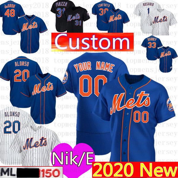 

2020 new # york custom mets jersey 20 pete alonso 48 jacob degrom 31 mike piazza 30 conforto 9 nimmo rosario mcgraw baseball, Blue;black