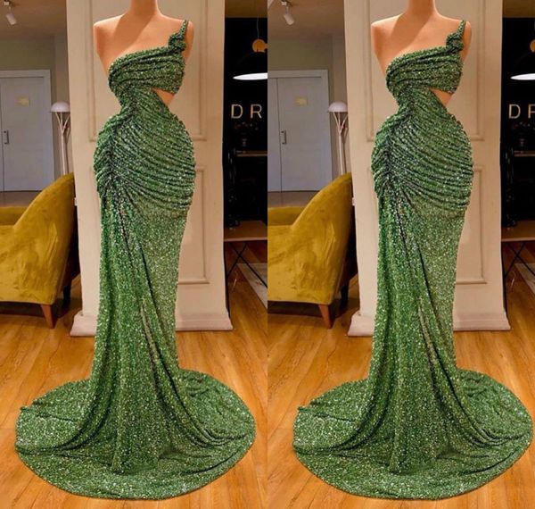 

2020 green mermaid prom dresses lace glitter beads one shoulder high side split evening dress tiered skirts ruffles robe de soriee, Black