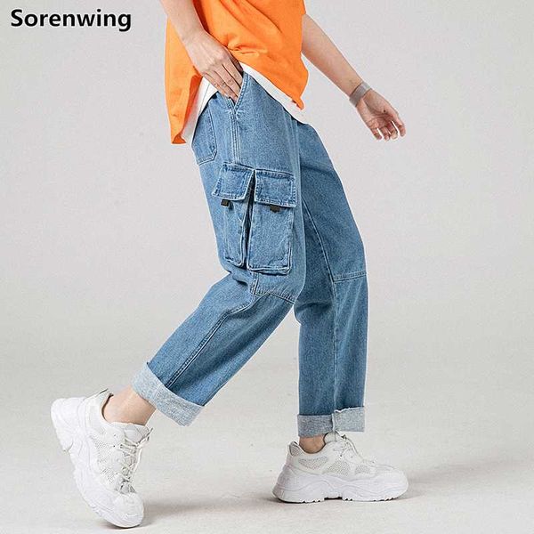 

мода большой карманы мешковатые штаны мужчины сыпучие длинные мужские джинсы solid мужской брюки джинсовые skinny мужские джинсы средний тал, Blue