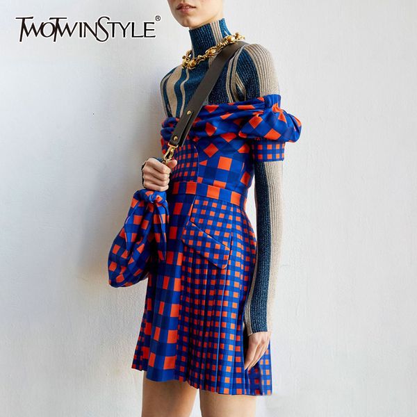 

twotwinstyle plaid hit color women's dresses strapless ruff sleeve high waist slim mini dress female 2019 fashion clothing tide, Black;gray
