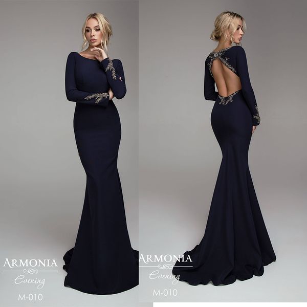

2020 navy mermaid evening dresses scoop neck beaded long sleeves prom dress backless ruffle sweep train custom made formal party gown, Black;red