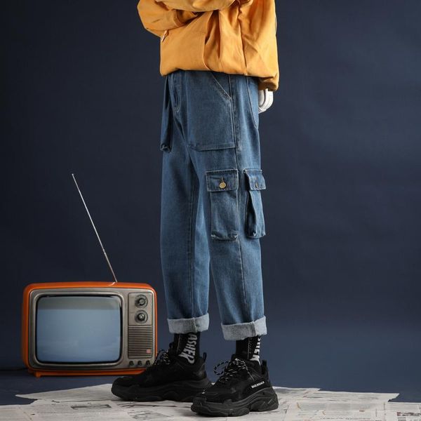 

men's thicken baggy homme pocket classic jeans black/blue color haren casual cargo pants high-quality trousers size s-2xl