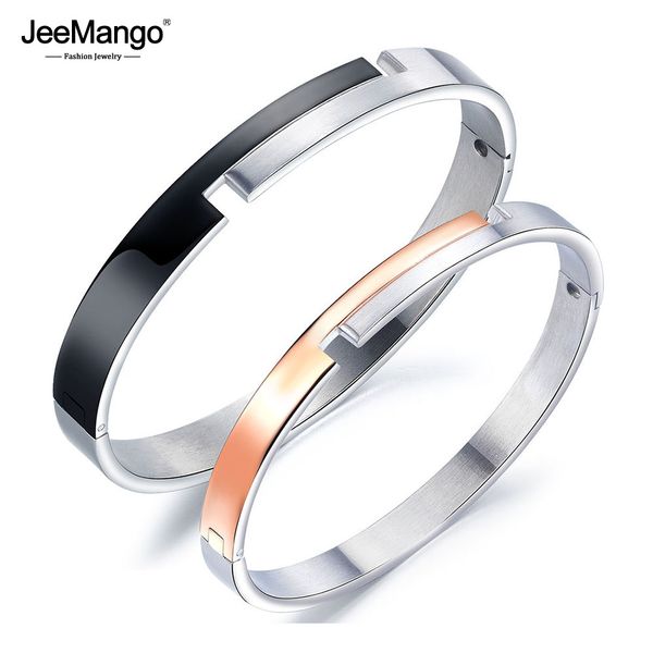 

jeemango romantic stainless steel couple bangles bracelets jewelry black/rose gold intercolored geometric cut bracelet jogh929