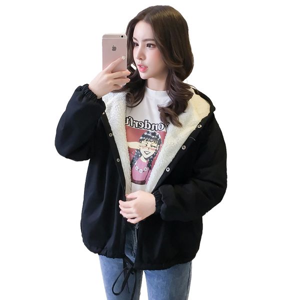 

2019 autumn and winter new style korean-style lambs wool students cotton-padded clothes hooded coat large size cartoon cotton co, Blue;black