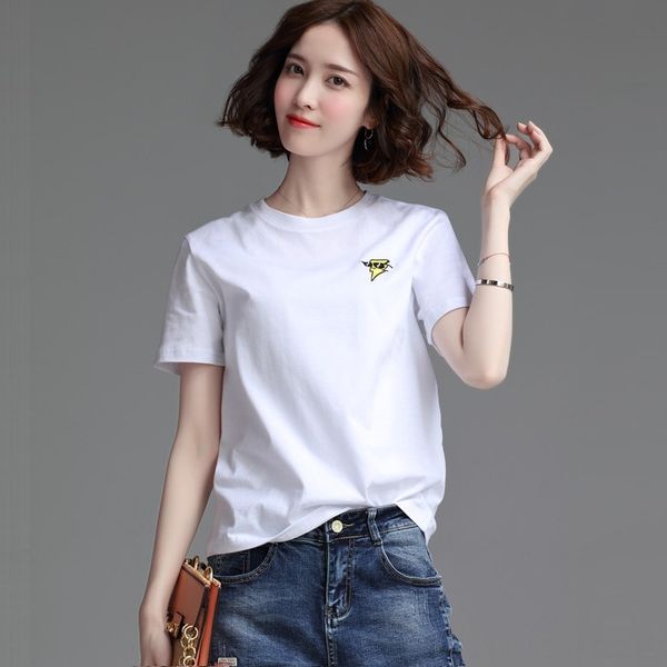 

ins fashionable short-sleeved t- women's 2020 summer clothes loose solid color t-shirt clothing underpants clothing round collar embroi, White