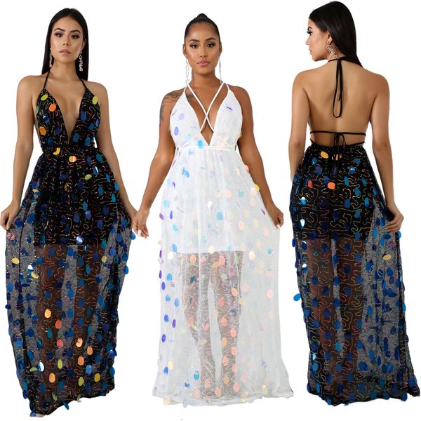 

women backless deep v neck mesh perspective halter sequins tie dress, White;black