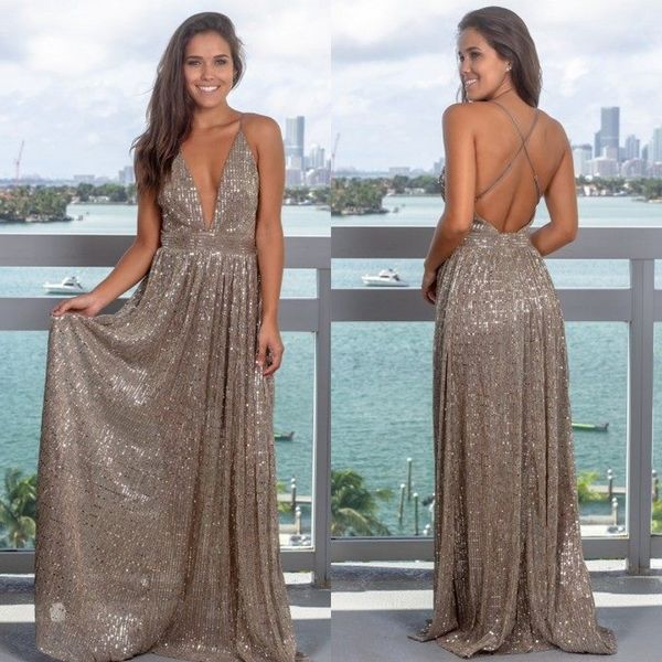 

glamorous sequin mermaid prom evening dresses 2019 deep v neck sleeveless open back formal prom dress sweep train, Black