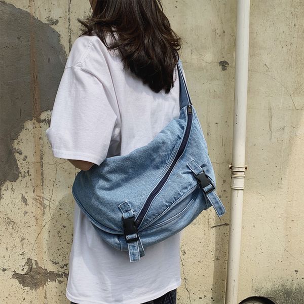 

fashion denim women's shoulder bags large capacity men messenger bag jeans ladies handbags casual big travel bag blue hobos