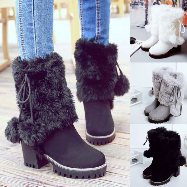 

thick fur shoes warm boots women's warm thick high heel ankle boots large size platform student shoes boot square heel shoe, Black