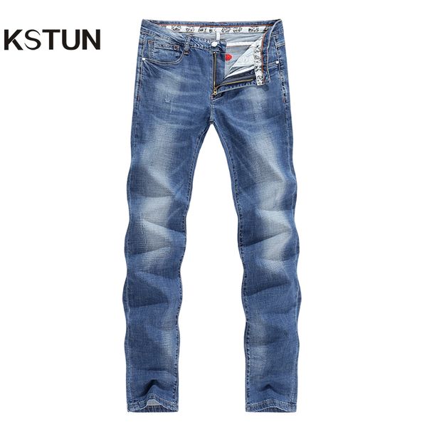 

kstun jeans man summer thin slim fit stretch light blue soft breathable tapered fashion pocket designer letters men casual pants
