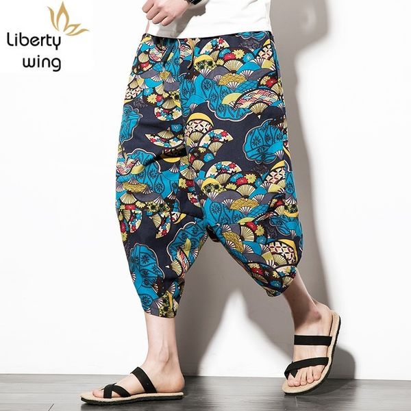 

summer mens beach colorful printed drop crotch cotton linen casual big size elasic waist wide leg baggy calf harem pants, Black