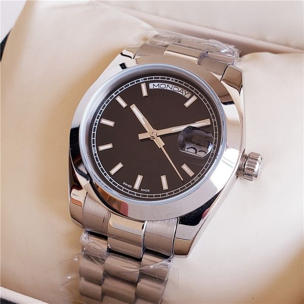 

President Mens Watch Sweep Automatic Movement Mechanical DayDate Silver Stainess Sapphire black face Solid Clasp Men Watches 2pcs