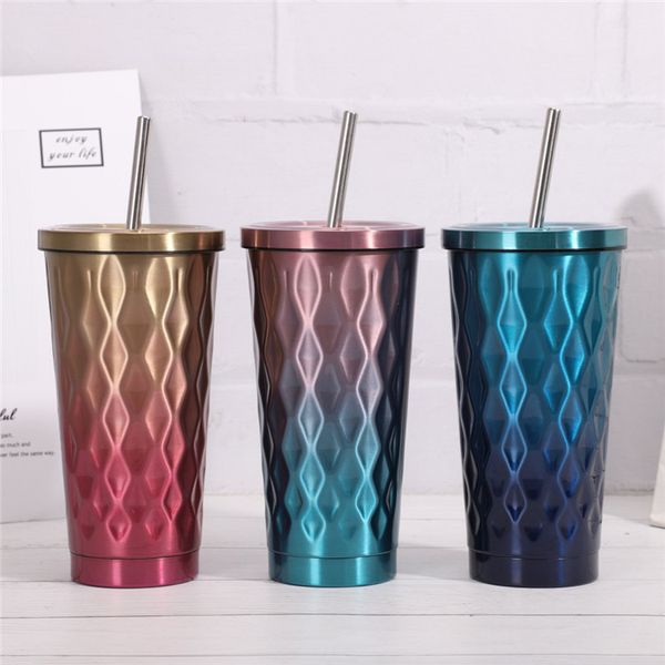 

500ml drink cup stainless steel tumbler double wall coffee cup with straw 3 colors on promotion