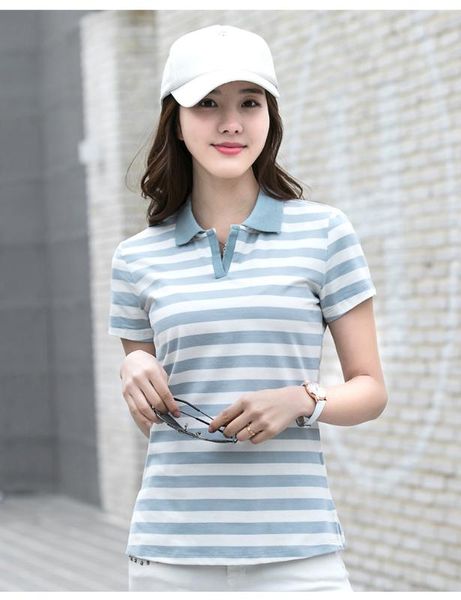 

women's polos summer women short sleeve shirts female sky and white striped splicing v-neck lapel #kq2006