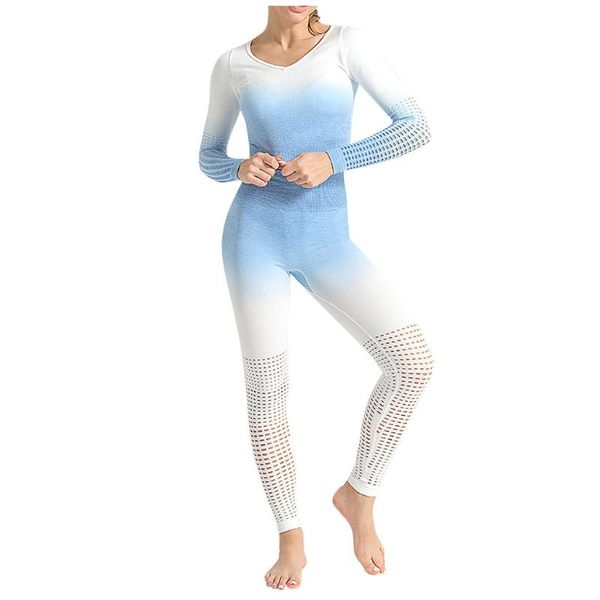 

jaycosin ladie suit hollowing out gradual change tight hip long sleeve hollowing out high waist gym 2 piece set women tracksuit, White
