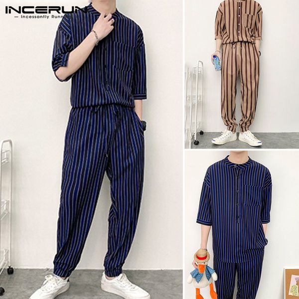 

men's tracksuits summer fashion men sets striped 2021 half sleeve leisure shirts casual pants chic comfortable mens suit streetwear inc, Gray