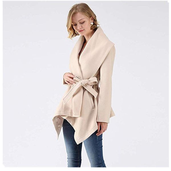 

liva girl women winter autumn short plaid irregular woolen lapel jacket v neck belt coat, Black