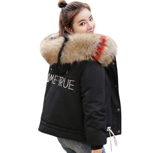 

2018 new arrival winter jacket women short outwear fashion womens jacket hooded with big fur collar female coat parkas casaco, Black