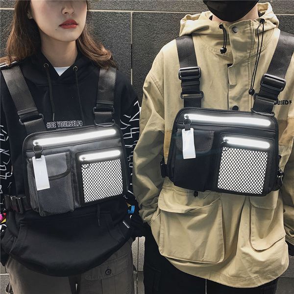 

reflective strip streetwear fashion chest rig bag women waist bag men hip hop functional tactical chest bags vest purse new