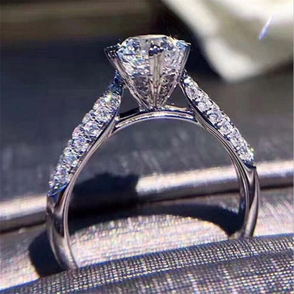 

classical six claw crown ring fine jewelry pure 925 sterling silver round cut white z cz diamond pave women wedding bridal ring gift, Slivery;golden