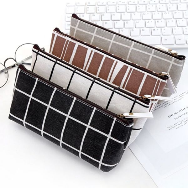 

simple striped grid pencilcase canvas pencil case school pencil bag office supplies pen bag students writing stationery