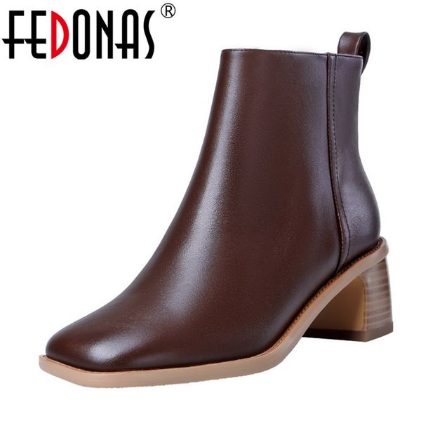 

fedonas classic side zipper women genuine leather ankle boots warm autumn winter boots high heeled office shoes woman, Black