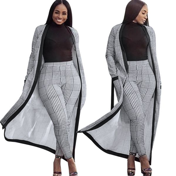 

sale 2 piece set elegant autumn winter new houndstooth jacket crop and pants women suits lady suit office trends fashion style coat, White
