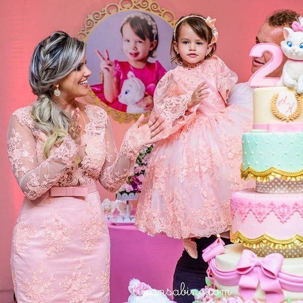 

mother daughter pink lace birthday dresses long sleeve lace mom daughter dress pink celebrity dresses occasion custom, Red;yellow