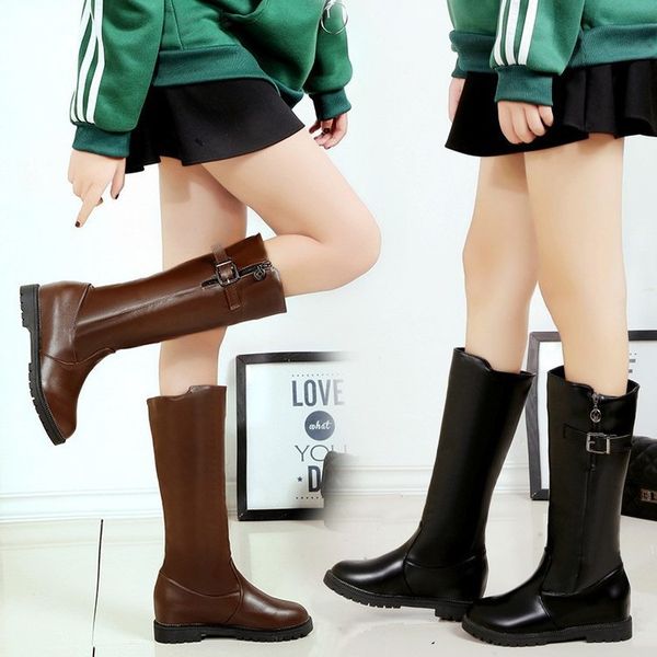 

lady boots leather women's shoes luxury designer boots-women booties woman 2019 low heel round toe lace up thigh high, Black