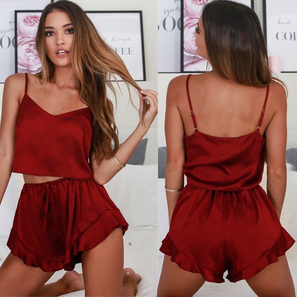 

echoine women's new silk suspender shorts set silk satin pajama set sleeveless pyjamas femme v-neck sleep lace pijama, White