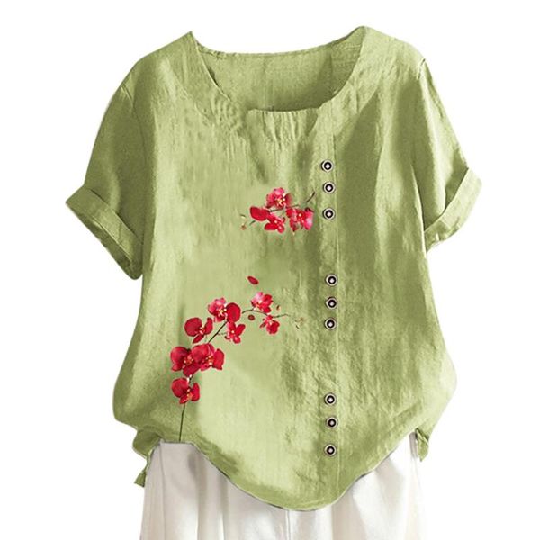 

5xl women plus size blouse short sleeve linen cotton blouse casual floral print o-neck large size shirt camisa feminina, White