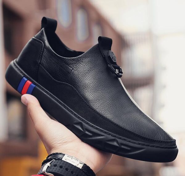 

2020 spring new fashion men leather elastic band casual shoes trend shoes cool loafers flats, Black